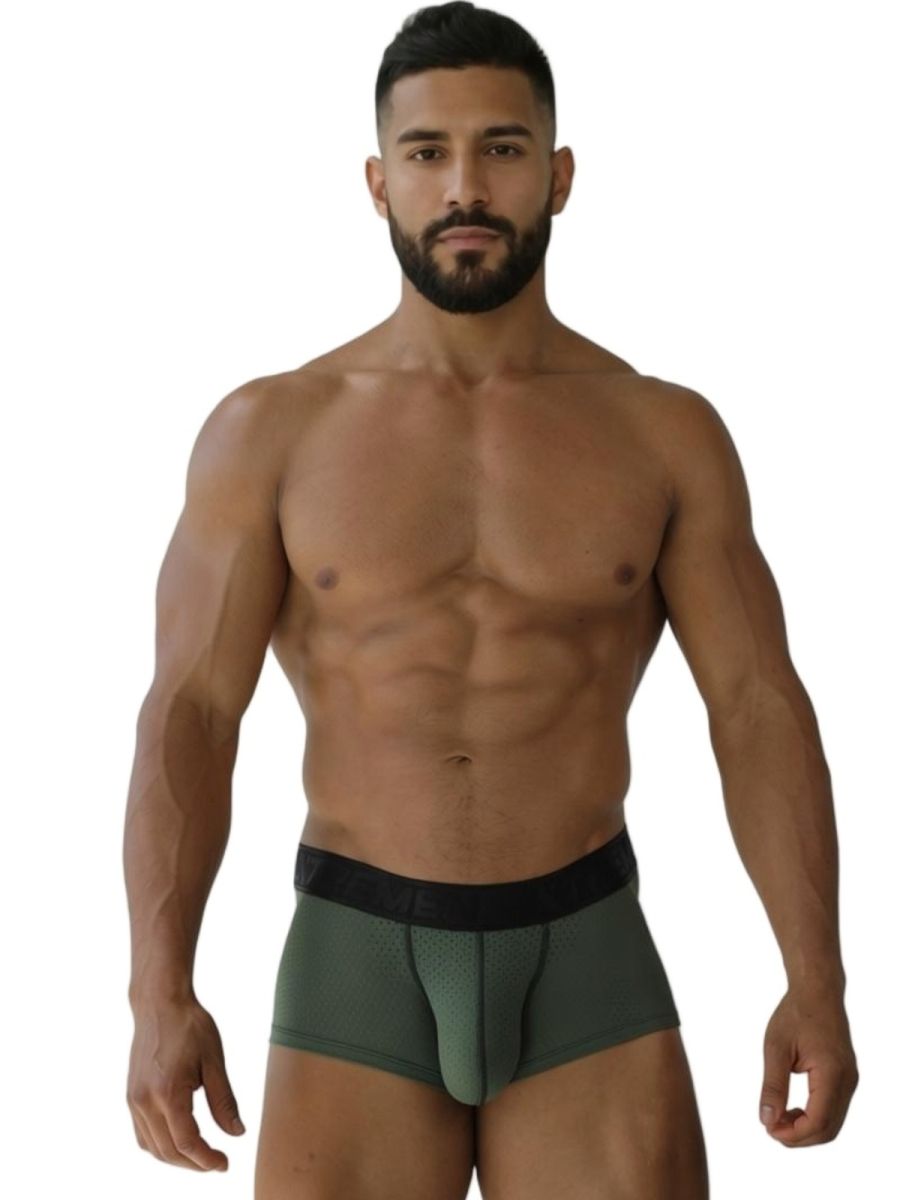 Men’s xtremen 91252 microfiber mesh trunks in olive green with black elastic waistband for comfortable support