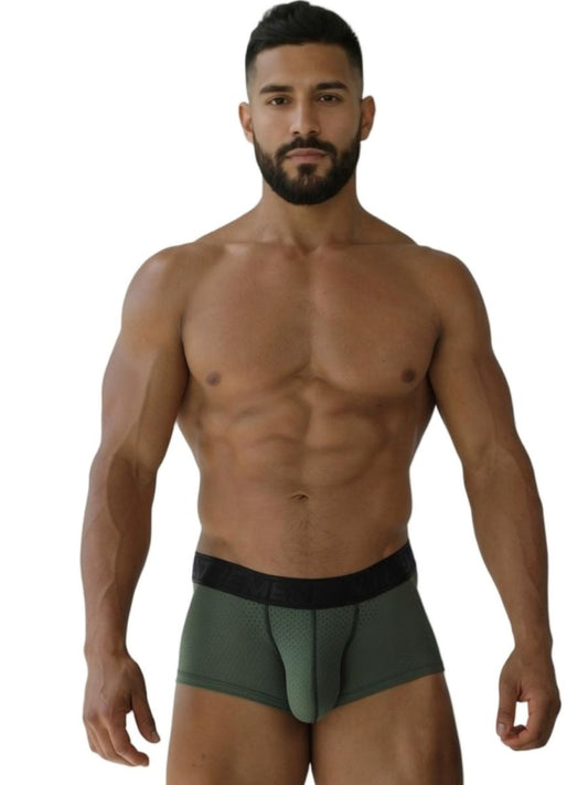 Men’s xtremen 91252 microfiber mesh trunks in olive green with black elastic waistband for comfortable support