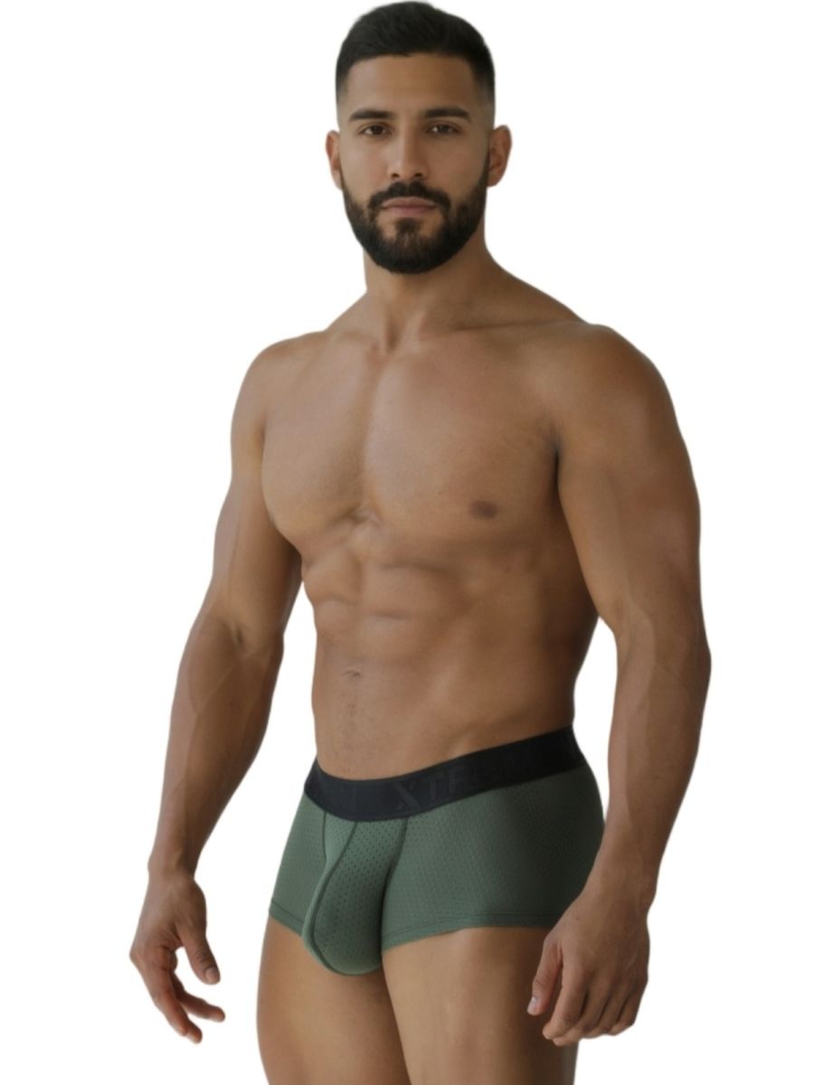 Xtremen 91252 men’s microfiber mesh trunks in military green with olive green briefs and black elastic waistband