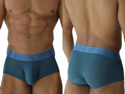 Teal mesh men’s briefs with solid blue waistband featuring men brand name in white from xtremen 91252 microfiber trunks