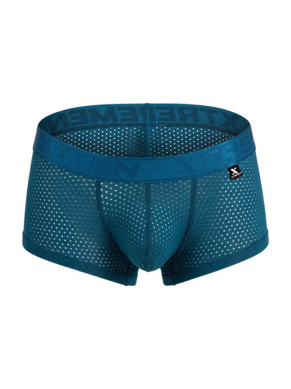 Teal mesh microfiber boxer briefs with a solid extreme waistband and x logo patch in petrol color