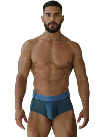 Xtremen 91252 microfiber mesh blue men’s briefs with matching elastic waistband in petrol color front view