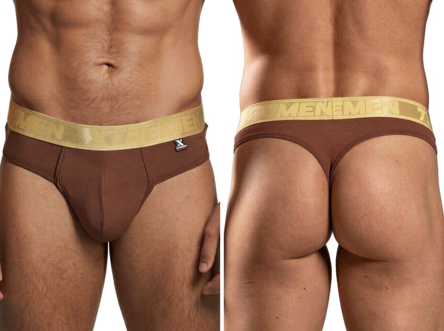 Xtremen brown thong with a metallic gold branded waistband and a small logo tag on the front.