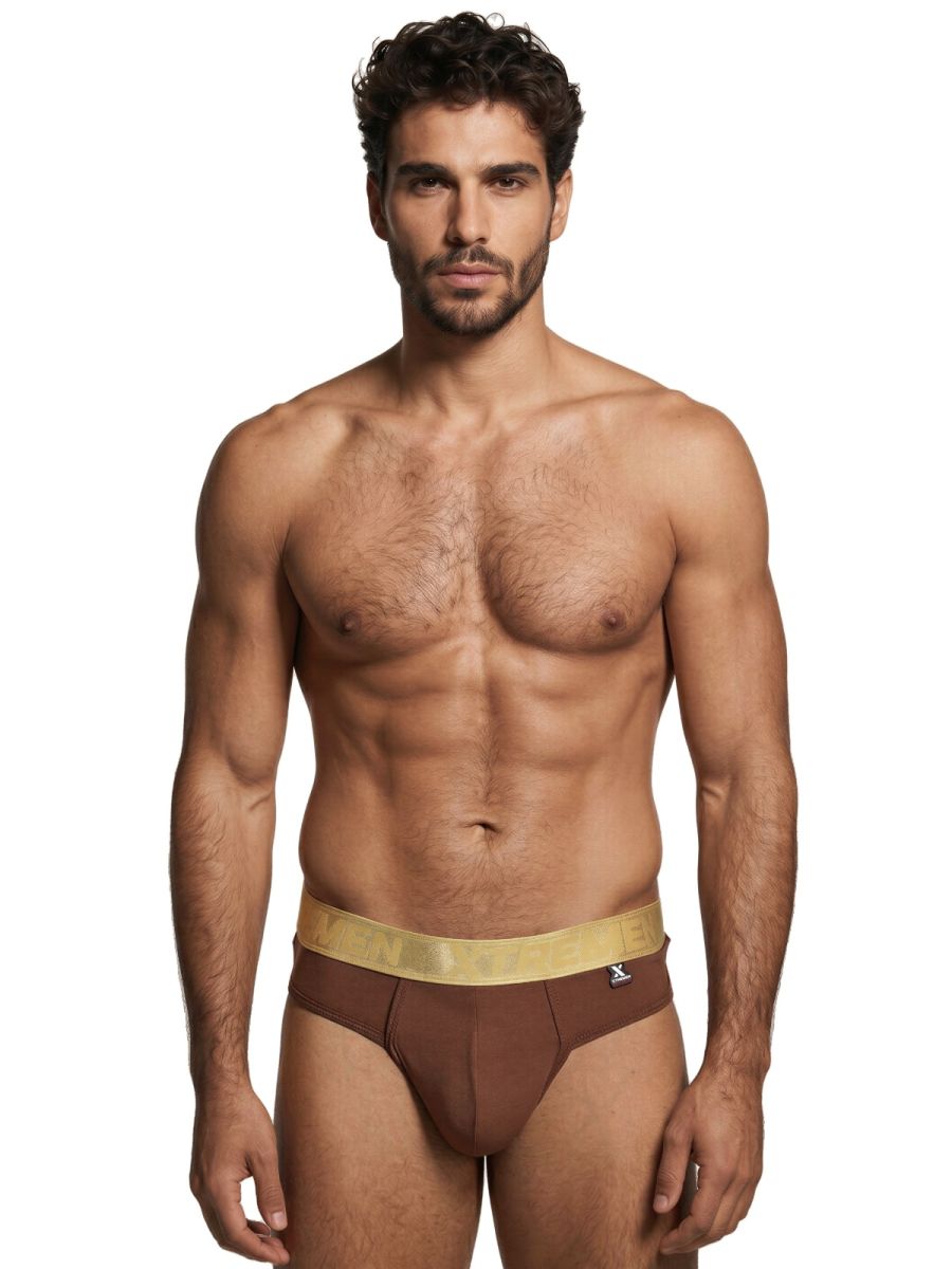 Xtremen brown brief with a gold branded elastic waistband and a matte finish worn by a model.