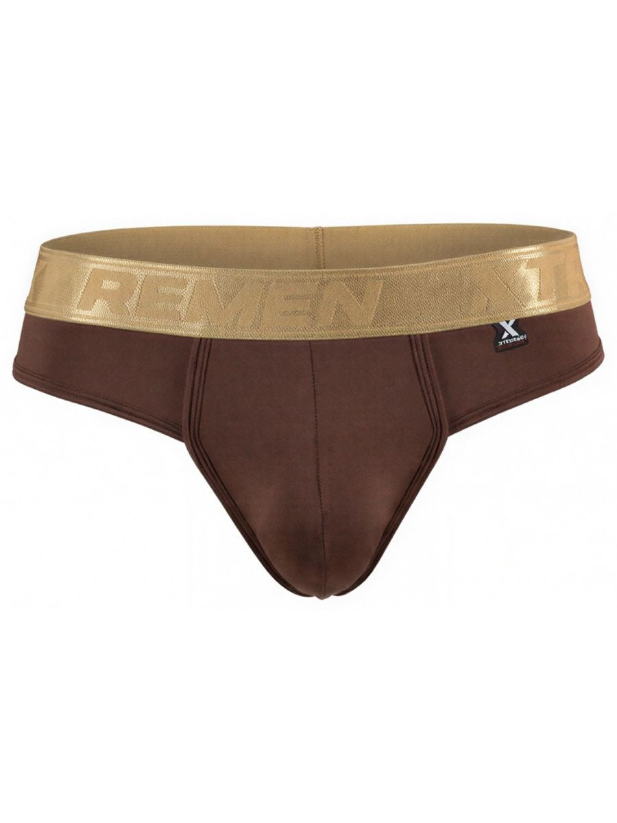 Xtremen brown brief with a shiny metallic gold logo waistband and contoured pouch.