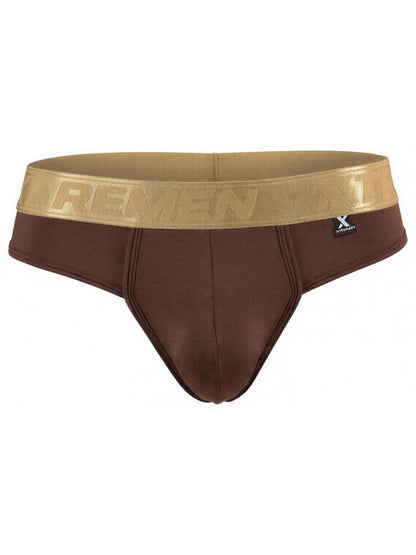 Xtremen brown brief with a shiny metallic gold logo waistband and contoured pouch.