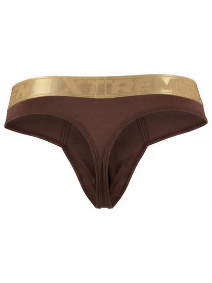 Xtremen brown thong with a metallic gold logo waistband. Sleek, form-fitting fabric.