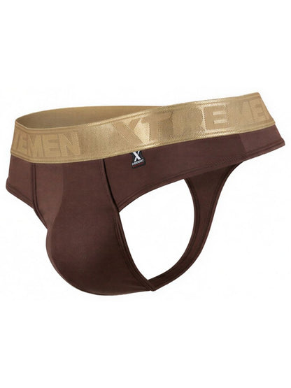 Xtremen brown thong with a metallic gold branded waistband and soft-finish fabric.