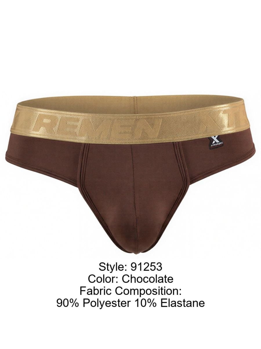Xtremen chocolate-colored bikini brief with a metallic gold logo waistband and smooth, matte fabric finish.