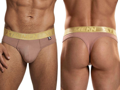 Xtremen dusty pink thong with a metallic gold branded waistband and a smooth, form-fitting fabric finish.