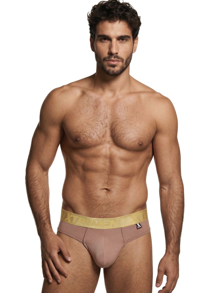 Xtremen men’s nude bikini brief featuring a smooth, matte fabric and a metallic gold branded elastic waistband.