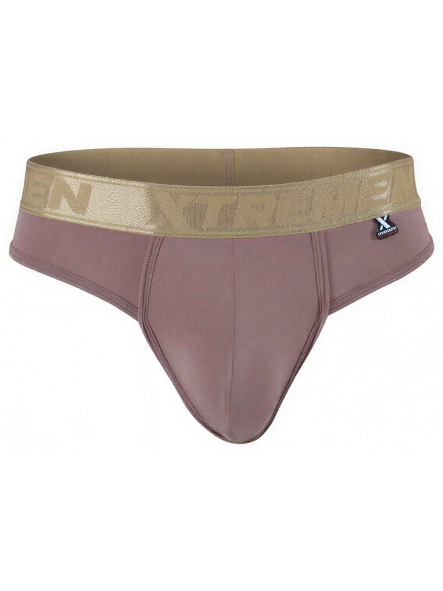 Xtremen mauve bikini brief with a fitted design and a wide, metallic gold branded waistband.