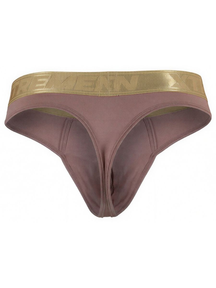Xtremen mauve thong with a metallic gold branded waistband and a soft, matte fabric finish.