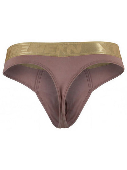 Xtremen mauve thong with a metallic gold branded waistband and a soft, matte fabric finish.