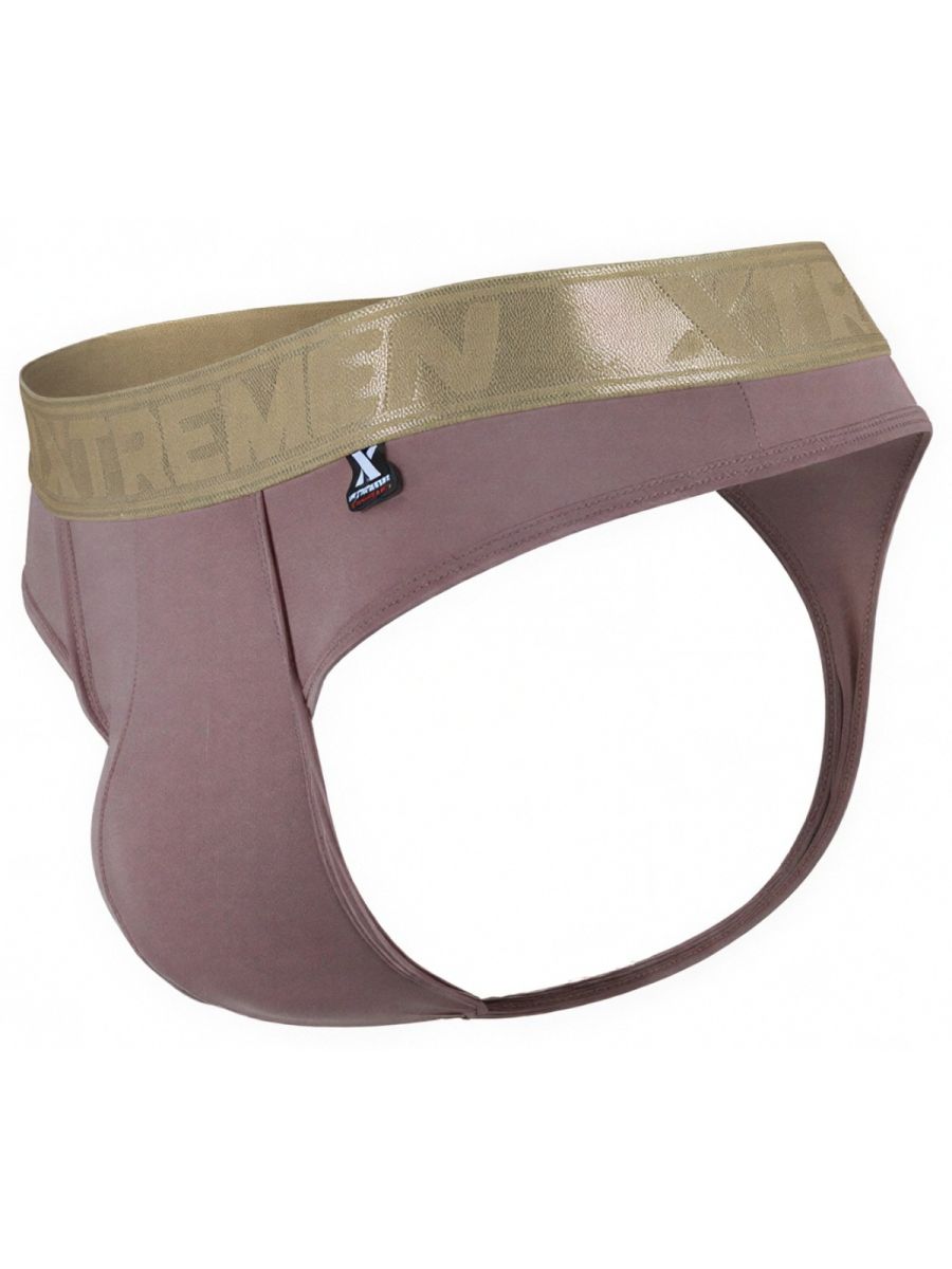 Xtremen mauve thong with a metallic gold branded waistband and a small logo tag.