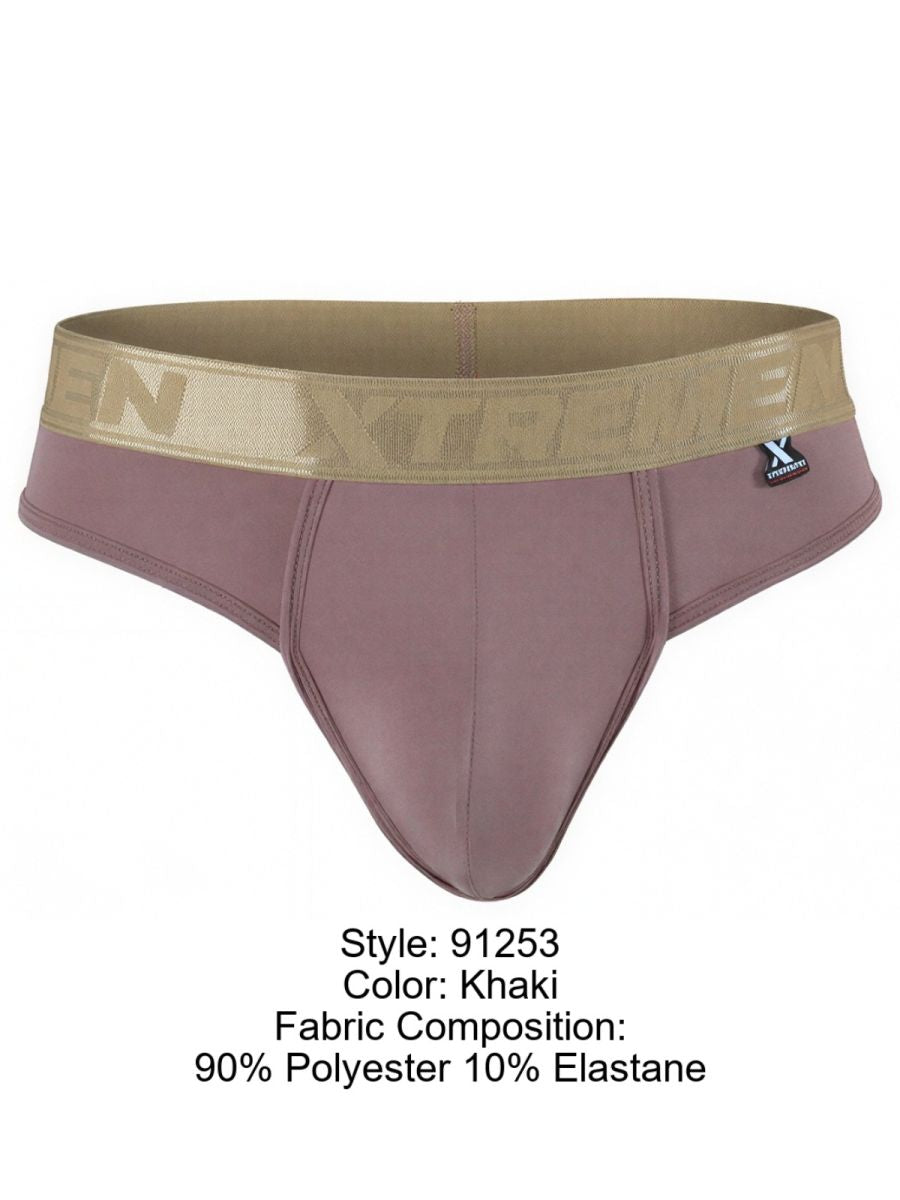 Xtremen khaki bikini brief with a metallic gold branded waistband and a matte finish fabric.