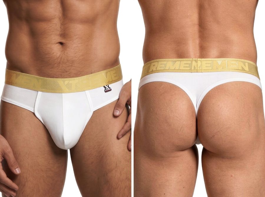 Xtremen white thong featuring a matte finish and a gold branded elastic waistband. Shown from front and back views.