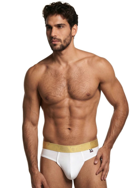 Xtremen men's white brief with a metallic gold waistband and form-fitting, smooth fabric.