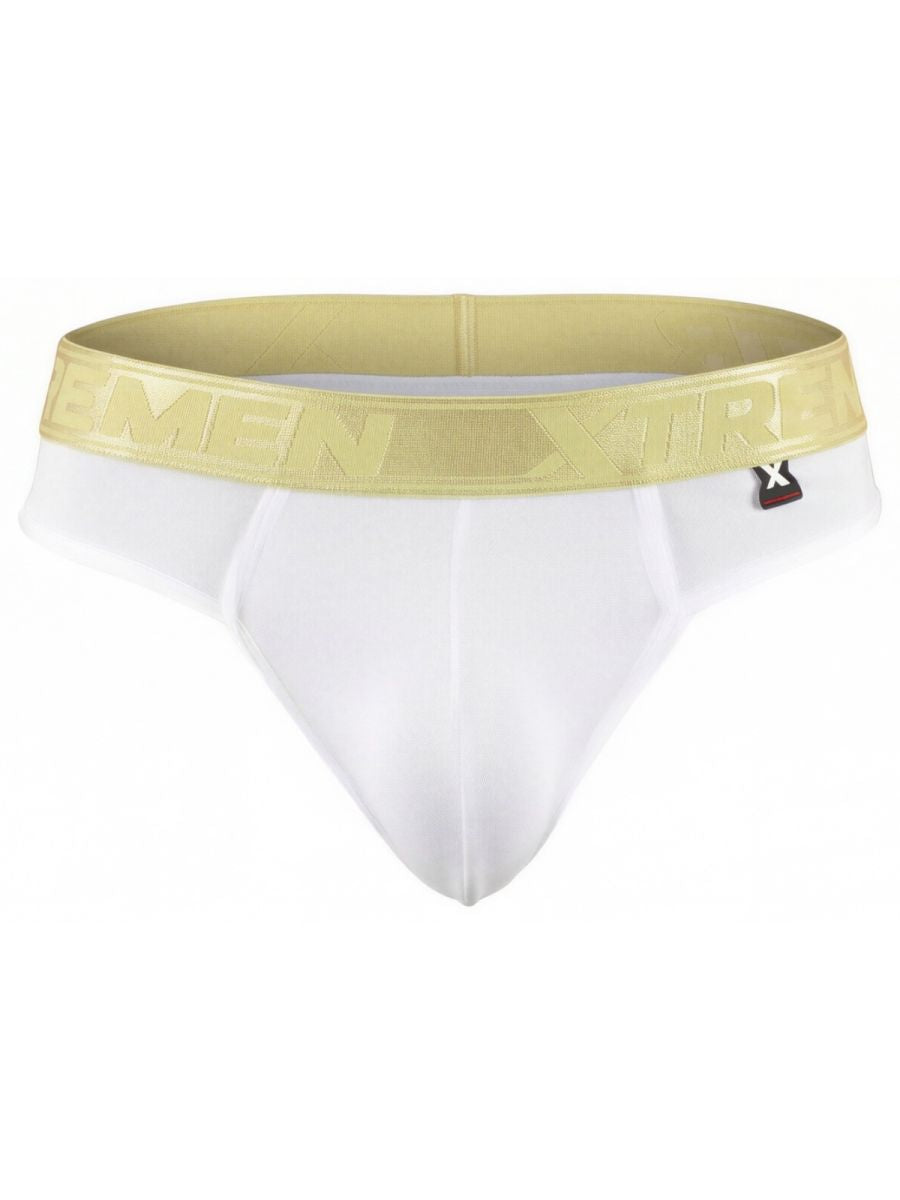 Xtremen white bikini brief with a metallic gold branded waistband and small side logo tag.