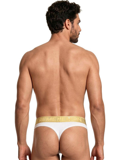 Xtremen white thong with a metallic gold branded waistband worn by a man from behind.