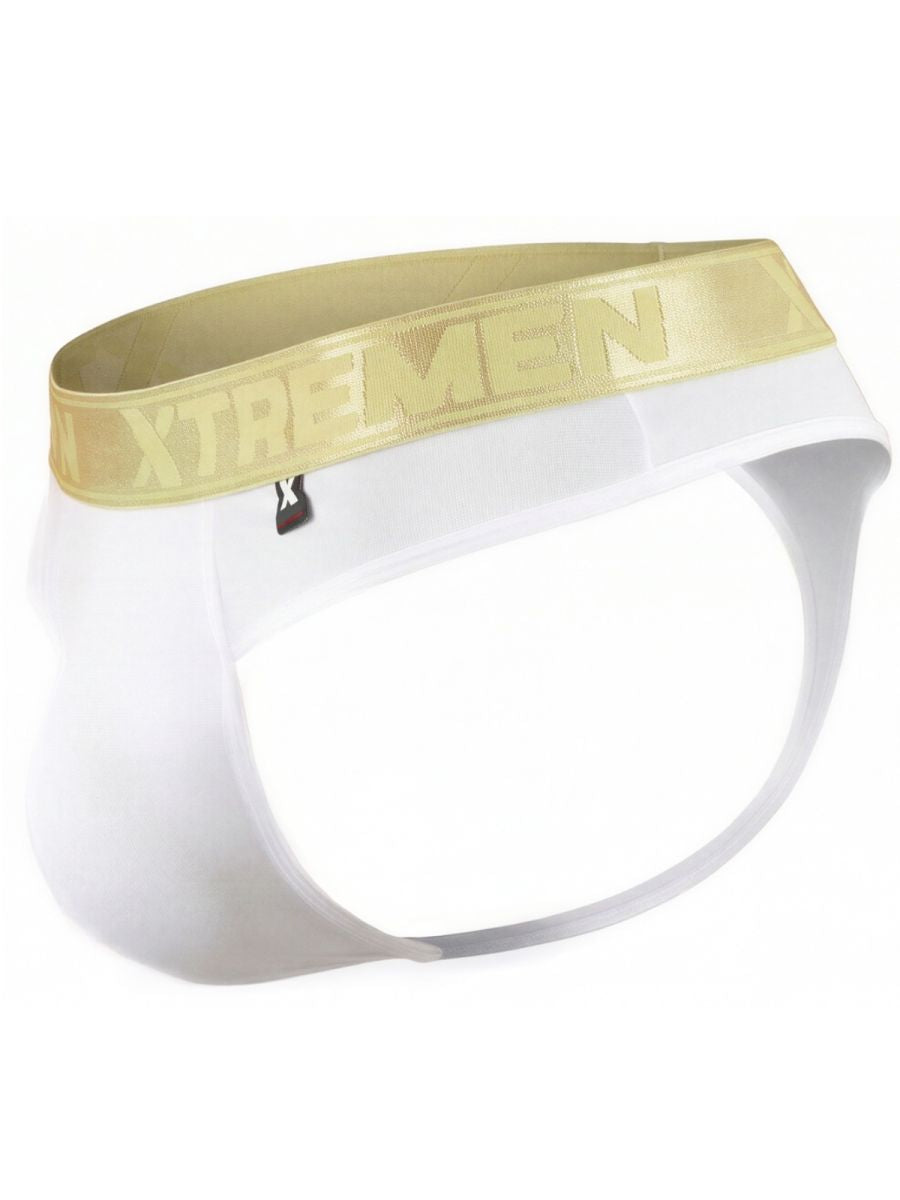 Xtremen white thong with a metallic gold branded waistband and small logo tab.