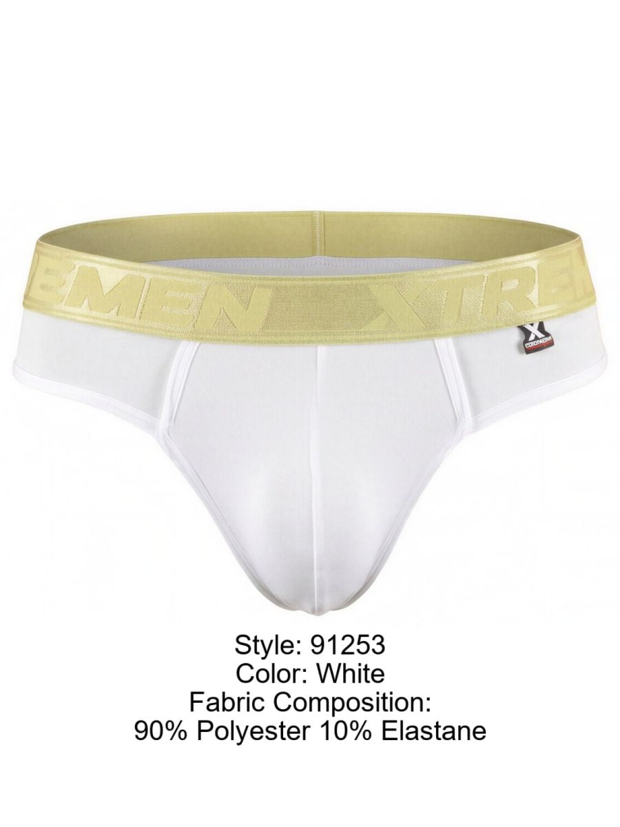 Xtremen white bikini brief with a metallic gold branded waistband and soft matte finish fabric.
