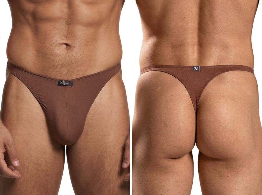 Xtremen brown thong with a smooth, matte fabric finish and small logo tag, shown from front and back views.