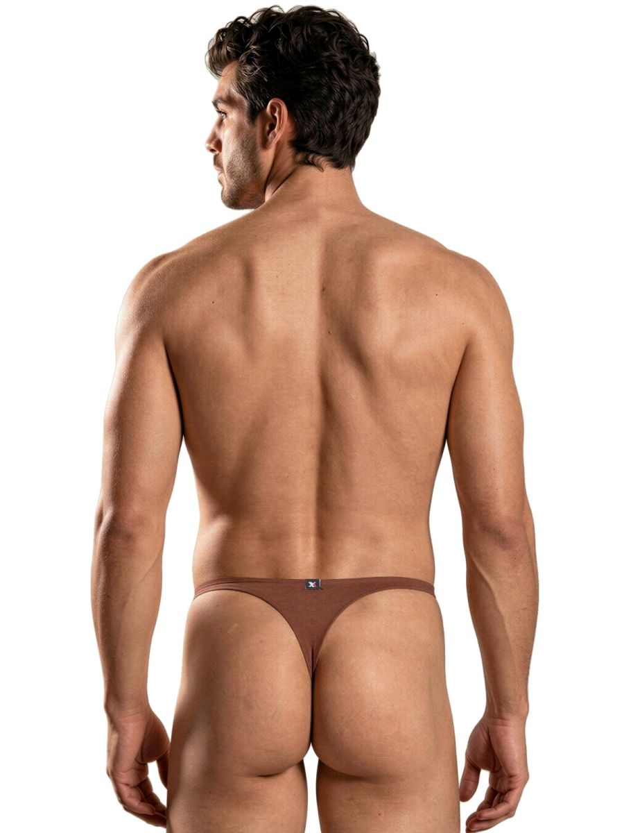 Xtremen brown thong with a sleek fit and small brand logo, shown from a rear perspective on a male model.