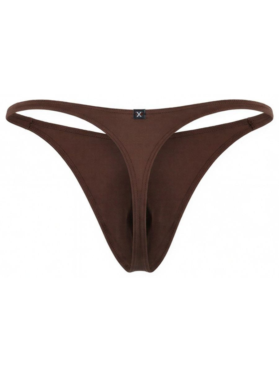 Xtremen men's brown thong with a soft, matte finish and a small brand logo tag at the center front waistband.