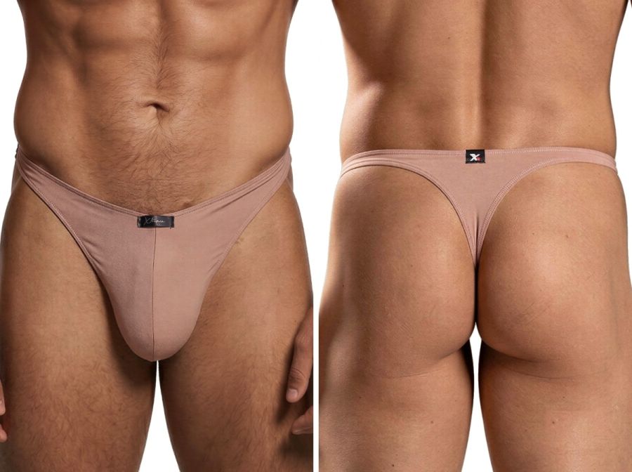 Xtremen beige thong with a smooth matte finish, featured from front and back angles with a branded waistband tab.
