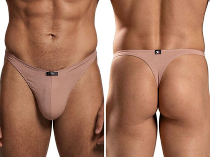 Xtremen beige thong with a smooth matte finish, featured from front and back angles with a branded waistband tab.
