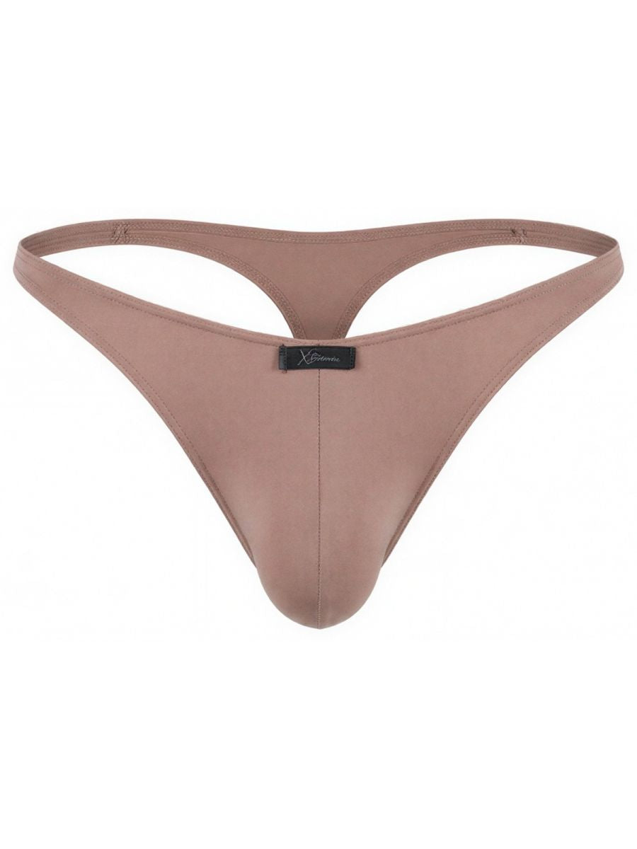 Xtremen mocha brown thong with a smooth matte finish and a small brand logo tag on the front center.