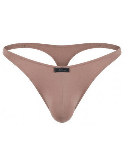 Xtremen mocha brown thong with a smooth matte finish and a small brand logo tag on the front center.