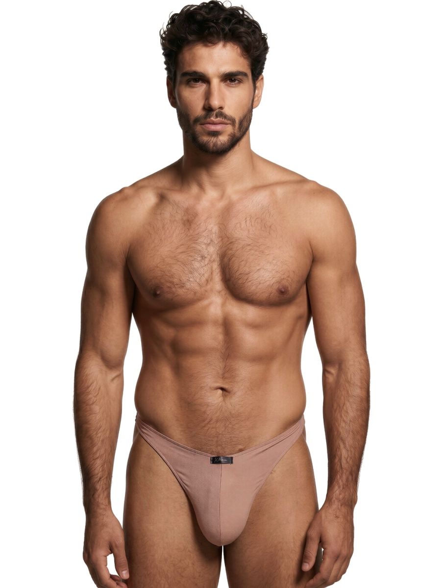 Xtremen taupe bikini brief with a smooth, matte fabric finish and a centered brand logo tag.