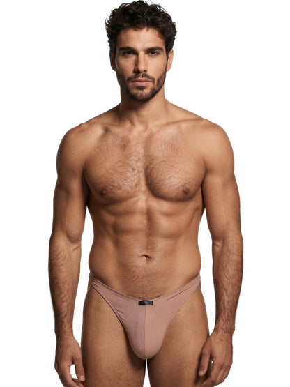 Xtremen taupe bikini brief with a smooth, matte fabric finish and a centered brand logo tag.