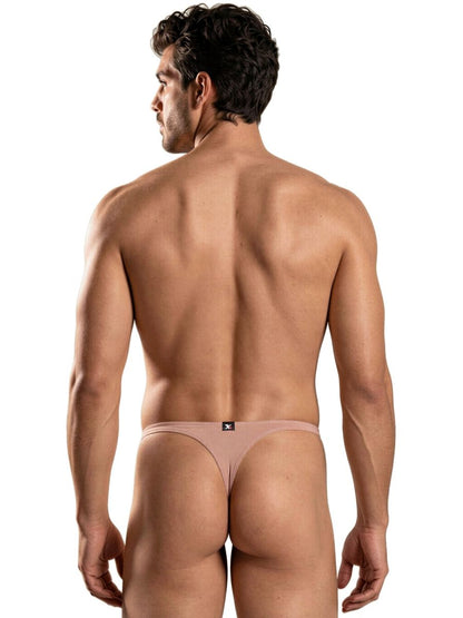 Xtremen nude thong with minimalist fit and branding on the back waistband, worn by a muscular man from behind.
