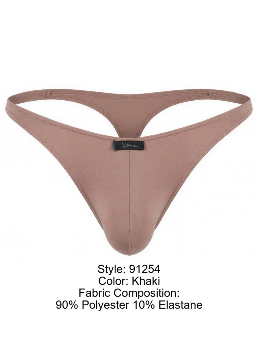 Xtremen khaki thong with a smooth matte finish, center seam, and a black brand logo tag on the front waistband.