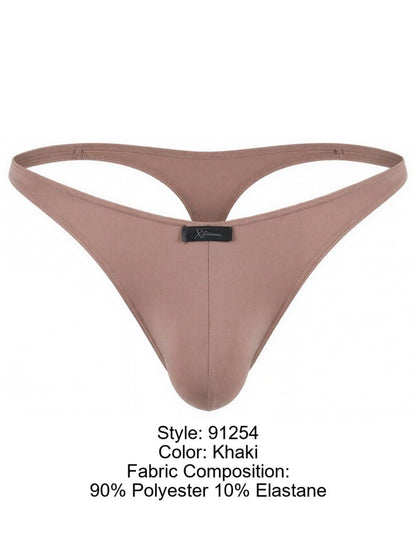 Xtremen khaki thong with a smooth matte finish, center seam, and a black brand logo tag on the front waistband.