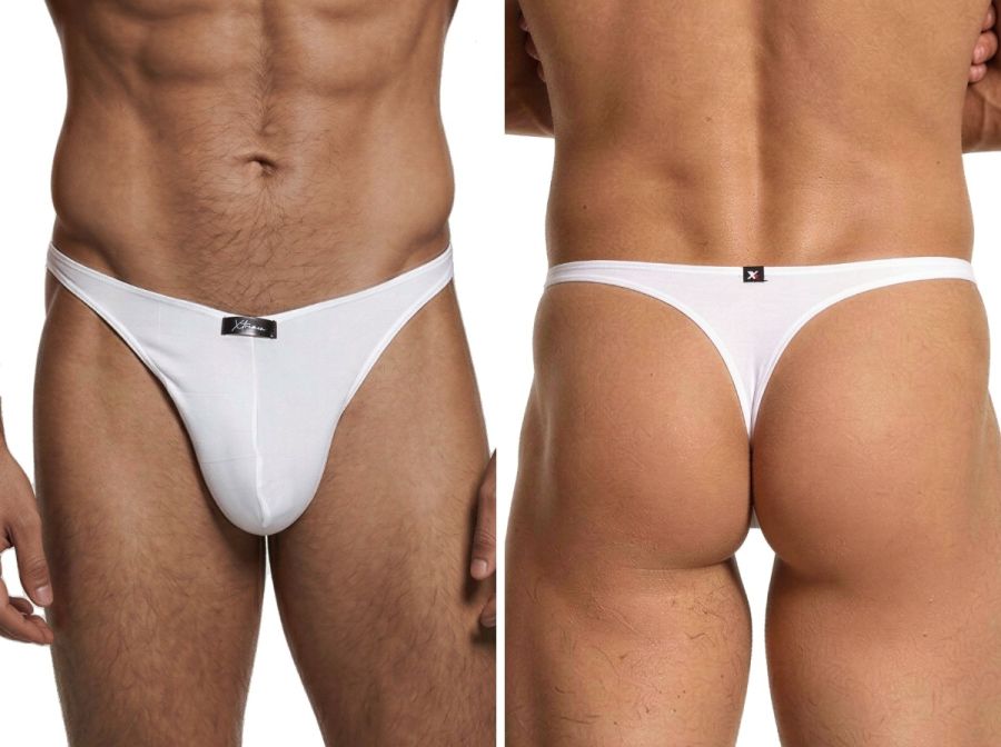 Xtremen white thong featuring a form-fitting cut with a branded logo patch on the front and back waistband.