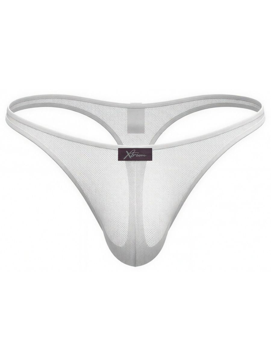 Xtremen white mesh thong featuring sheer fabric and a center logo tag.