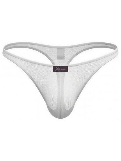 Xtremen white mesh thong featuring sheer fabric and a center logo tag.