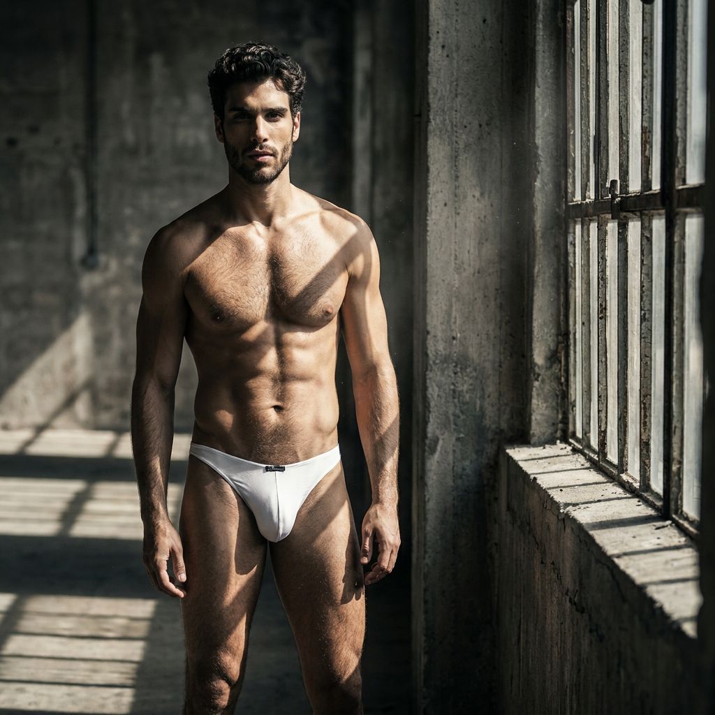 Xtremen men’s white bikini brief with a form-fitting, smooth fabric finish, worn by a muscular model.
