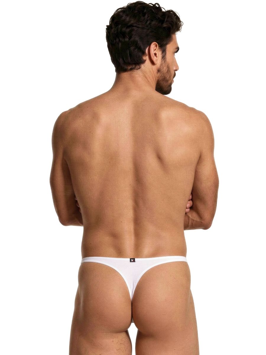 Xtremen white thong featuring a thin waistband and minimalist fit, viewed from the back.