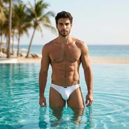 Xtremen white bikini brief with a sleek, form-fitting fabric design on a man standing in a tropical pool.