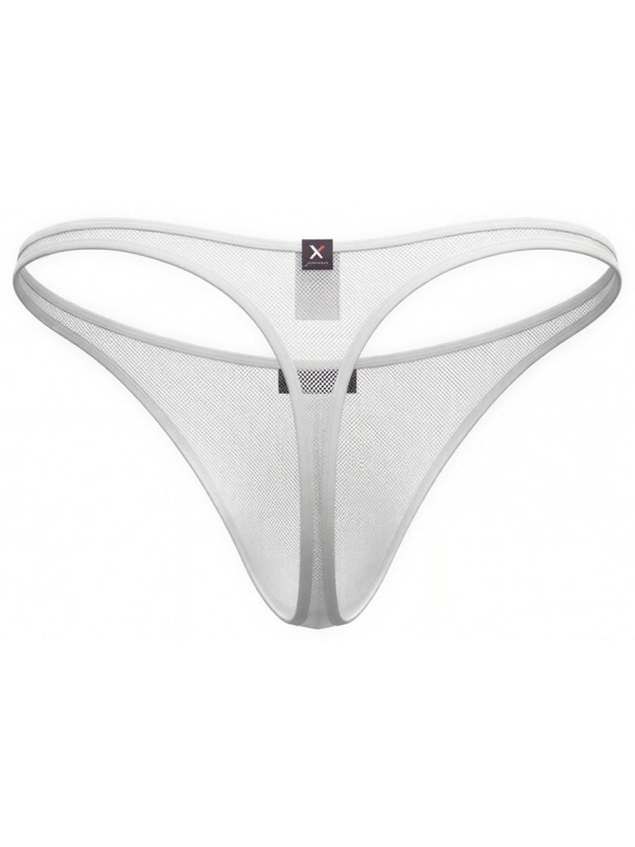 Xtremen white sheer mesh thong with thin elastic waistband and center branding.