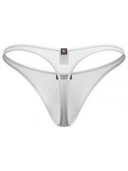 Xtremen white sheer mesh thong with thin elastic waistband and center branding.