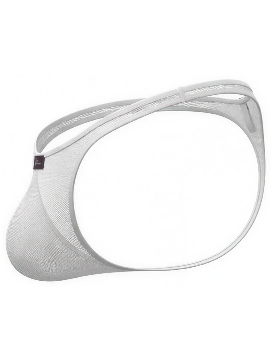 Xtremen white mesh thong with a contoured pouch and thin elastic waistband.