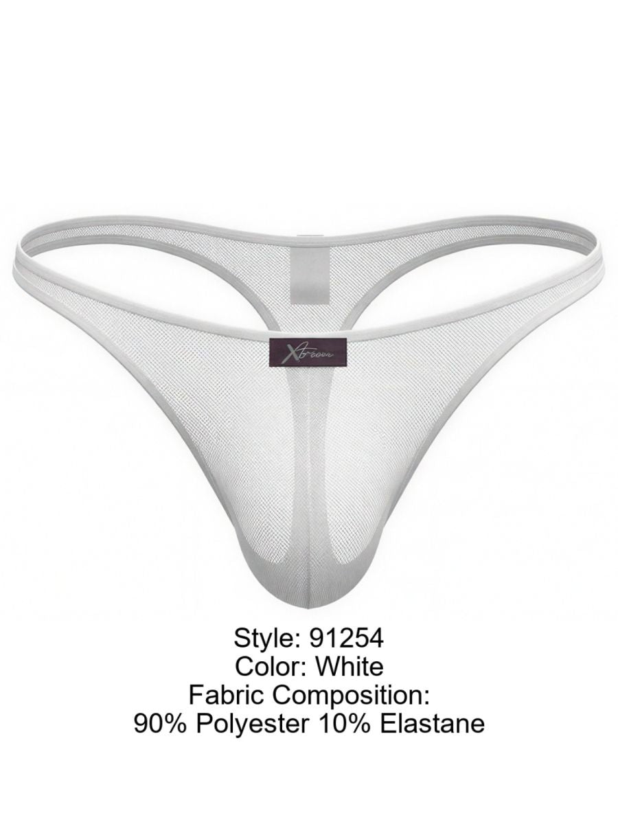 Xtremen white sheer mesh thong with a center brand tag and form-fitting pouch design.