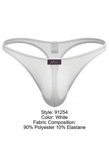 Xtremen white sheer mesh thong with a center brand tag and form-fitting pouch design.