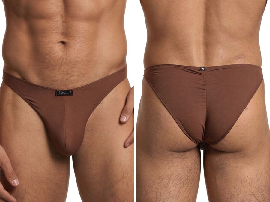 Xtremen brown bikini brief with a smooth fabric finish, featuring a front logo patch and a rear center seam.